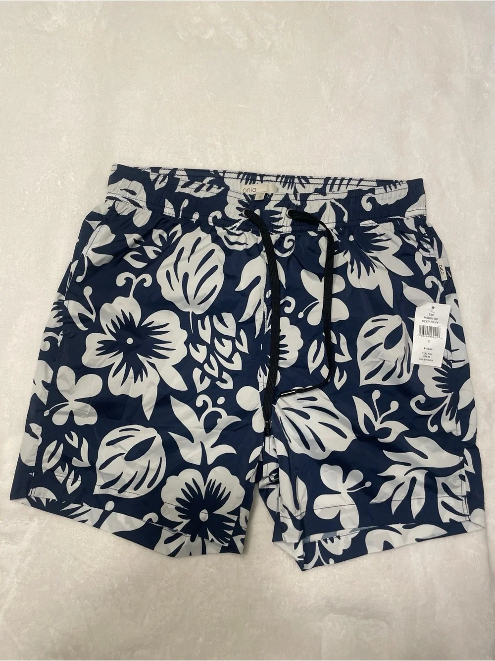 Onia Navy and White Floral Swim Trunks